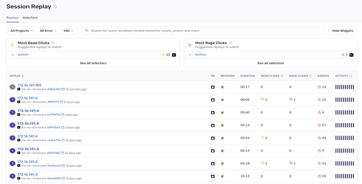 Sentry session replay sayfası