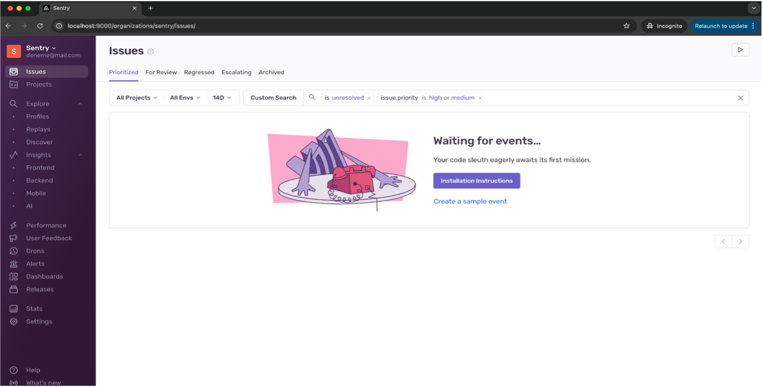 Sentry issues ekranı