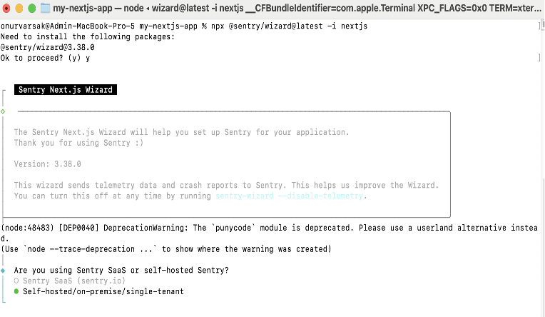 Projeye self-hosted sentry’yi entegre etme terminal sayfası
